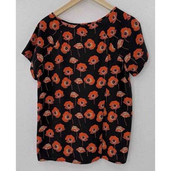 CAbi Flanders Poppy Blouse Black Red‎ Short Sleeve Split Back #3251 Size M, Flaw - Picture 3 of 12